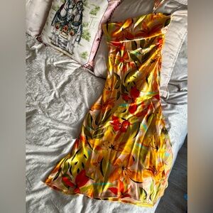 HOUSE OF HARLOW Satin Ruched Slip Dress Womens Golden Multicolor Party Sz M